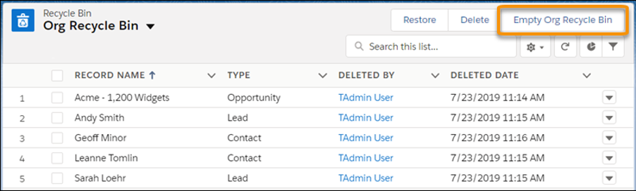 The Recycle Bin in Lightning Experience with the Org Recycle Bin view and the Empty Org Recycle Bin button highlighted