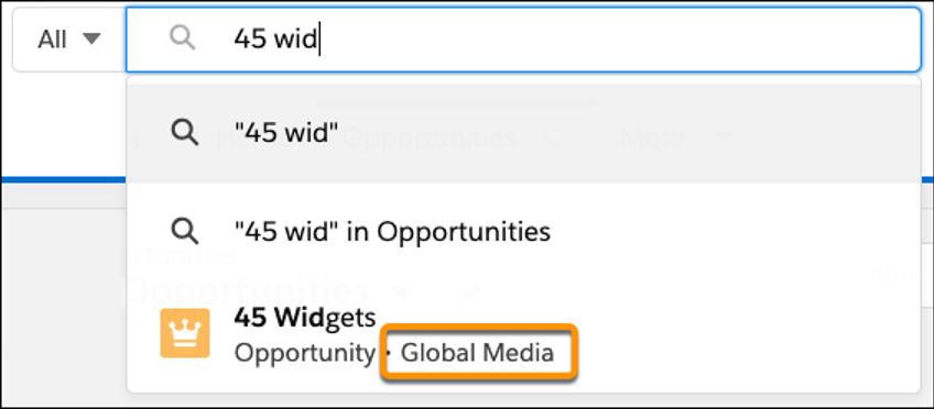 Search results page, showing the related account for an opportunity